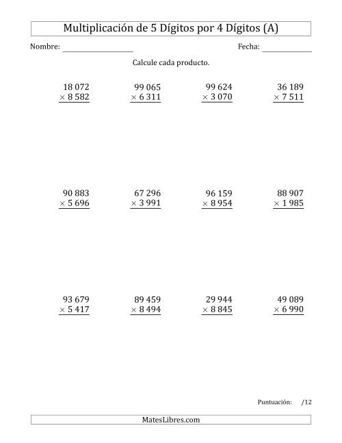 La hoja de ejercicios de Multiplicar Números de 5 Dígitos por 4 Dígitos Usando Espacios como Separadores de Millares (A)