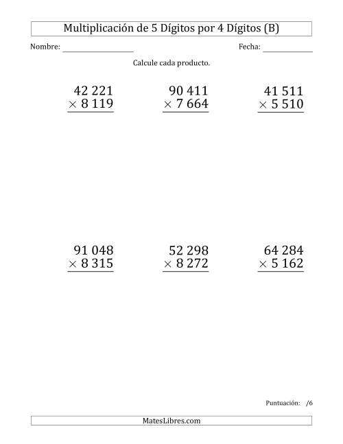 La hoja de ejercicios de Multiplicar Números de 5 Dígitos por 4 Dígitos (Formato Grande) Usando Espacios como Separadores de Millares (B)
