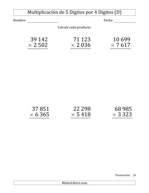 La hoja de ejercicios de Multiplicar Números de 5 Dígitos por 4 Dígitos (Formato Grande) Usando Espacios como Separadores de Millares (D)