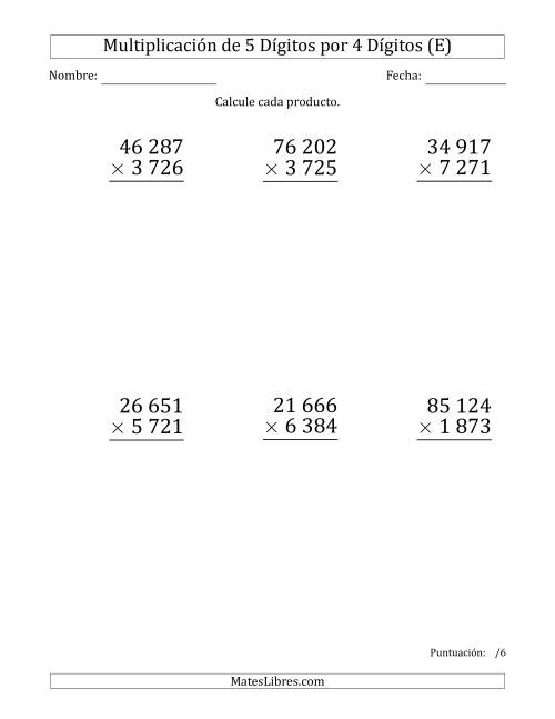 La hoja de ejercicios de Multiplicar Números de 5 Dígitos por 4 Dígitos (Formato Grande) Usando Espacios como Separadores de Millares (E)