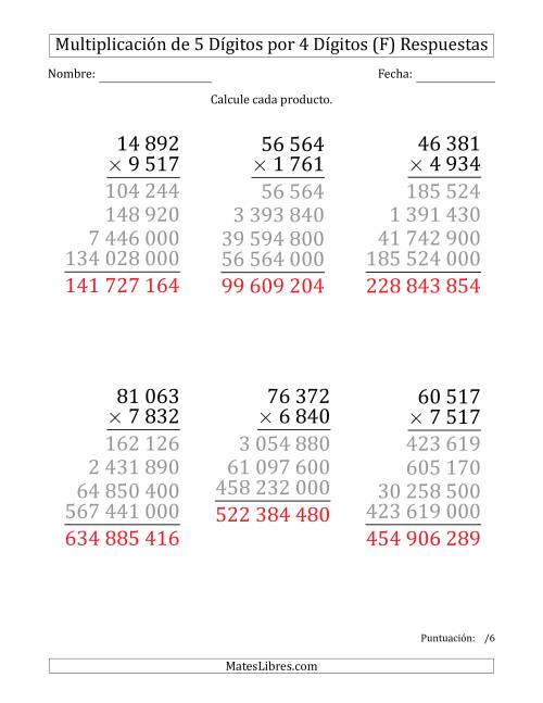 La hoja de ejercicios de Multiplicar Números de 5 Dígitos por 4 Dígitos (Formato Grande) Usando Espacios como Separadores de Millares (F) Página 2