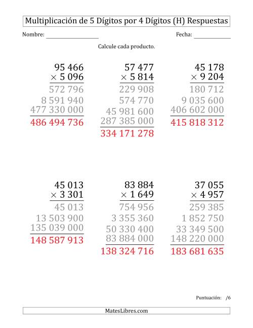 La hoja de ejercicios de Multiplicar Números de 5 Dígitos por 4 Dígitos (Formato Grande) Usando Espacios como Separadores de Millares (H) Página 2
