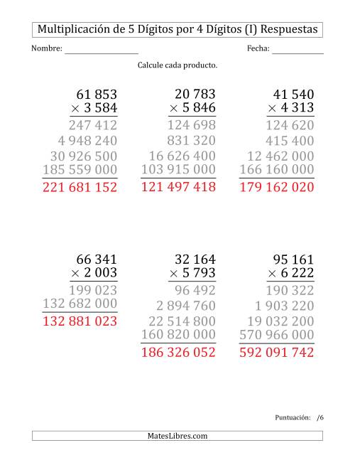 La hoja de ejercicios de Multiplicar Números de 5 Dígitos por 4 Dígitos (Formato Grande) Usando Espacios como Separadores de Millares (I) Página 2