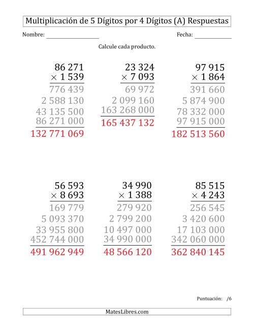 La hoja de ejercicios de Multiplicar Números de 5 Dígitos por 4 Dígitos (Formato Grande) Usando Espacios como Separadores de Millares (Todas) Página 2