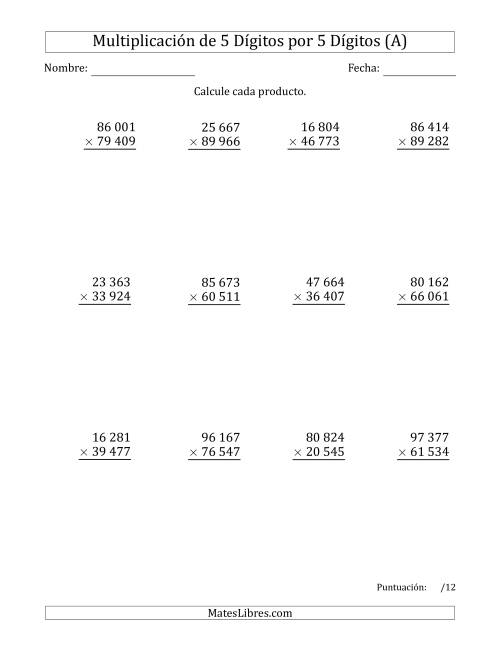 La hoja de ejercicios de Multiplicar Números de 5 Dígitos por 5 Dígitos Usando Espacios como Separadores de Millares (A)