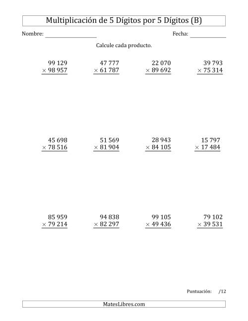 La hoja de ejercicios de Multiplicar Números de 5 Dígitos por 5 Dígitos Usando Espacios como Separadores de Millares (B)