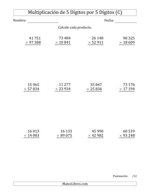 La hoja de ejercicios de Multiplicar Números de 5 Dígitos por 5 Dígitos Usando Espacios como Separadores de Millares (C)