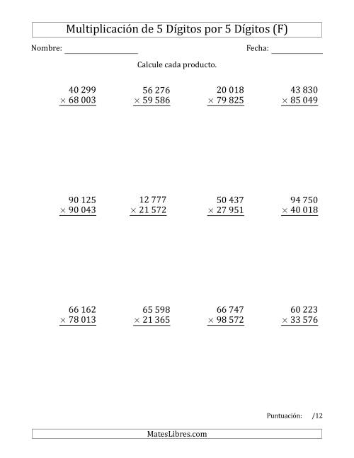 La hoja de ejercicios de Multiplicar Números de 5 Dígitos por 5 Dígitos Usando Espacios como Separadores de Millares (F)