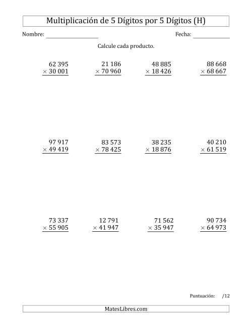 La hoja de ejercicios de Multiplicar Números de 5 Dígitos por 5 Dígitos Usando Espacios como Separadores de Millares (H)