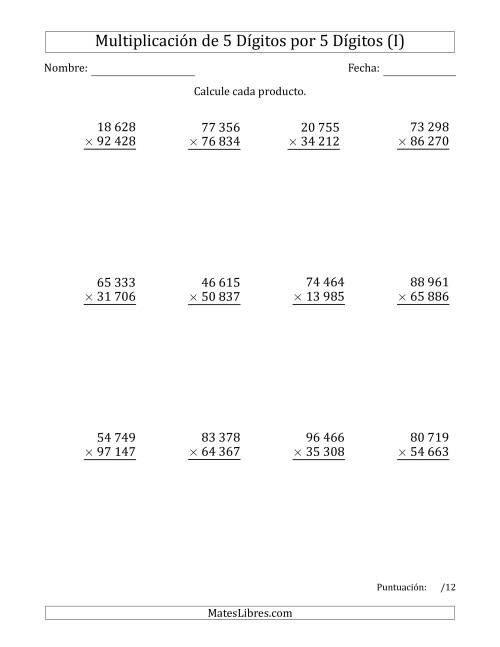 La hoja de ejercicios de Multiplicar Números de 5 Dígitos por 5 Dígitos Usando Espacios como Separadores de Millares (I)
