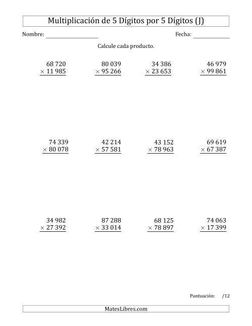 La hoja de ejercicios de Multiplicar Números de 5 Dígitos por 5 Dígitos Usando Espacios como Separadores de Millares (J)