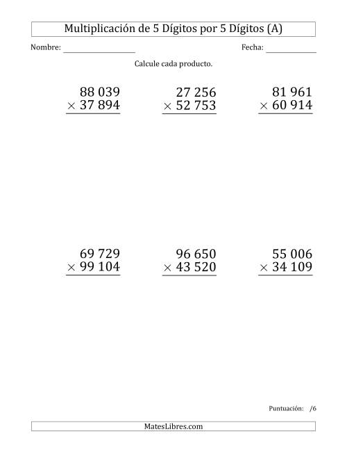 La hoja de ejercicios de Multiplicar Números de 5 Dígitos por 5 Dígitos (Formato Grande) Usando Espacios como Separadores de Millares (A)