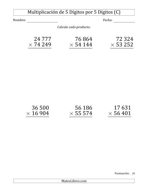 La hoja de ejercicios de Multiplicar Números de 5 Dígitos por 5 Dígitos (Formato Grande) Usando Espacios como Separadores de Millares (C)