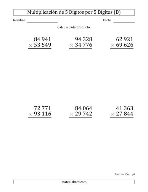 La hoja de ejercicios de Multiplicar Números de 5 Dígitos por 5 Dígitos (Formato Grande) Usando Espacios como Separadores de Millares (D)