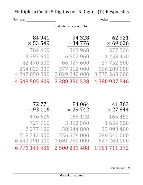La hoja de ejercicios de Multiplicar Números de 5 Dígitos por 5 Dígitos (Formato Grande) Usando Espacios como Separadores de Millares (D) Página 2