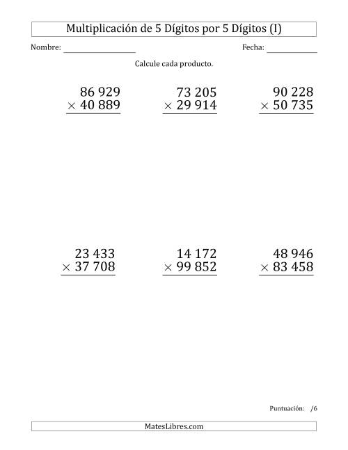 La hoja de ejercicios de Multiplicar Números de 5 Dígitos por 5 Dígitos (Formato Grande) Usando Espacios como Separadores de Millares (I)