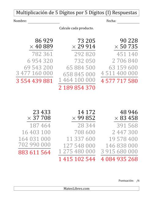 La hoja de ejercicios de Multiplicar Números de 5 Dígitos por 5 Dígitos (Formato Grande) Usando Espacios como Separadores de Millares (I) Página 2