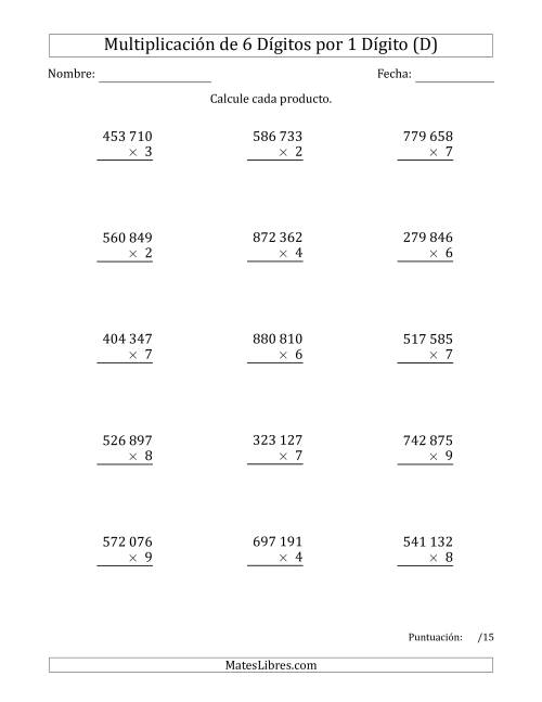La hoja de ejercicios de Multiplicar Números de 6 Dígitos por 1 Dígito Usando Espacios como Separadores de Millares (D)