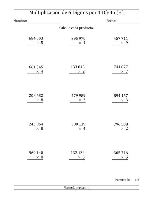 La hoja de ejercicios de Multiplicar Números de 6 Dígitos por 1 Dígito Usando Espacios como Separadores de Millares (H)