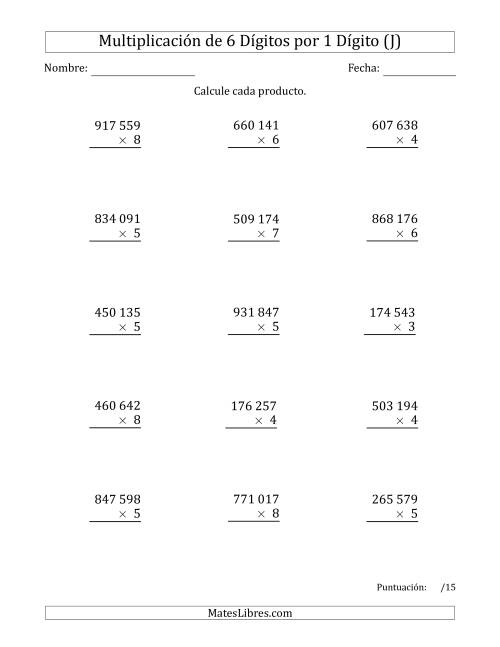 La hoja de ejercicios de Multiplicar Números de 6 Dígitos por 1 Dígito Usando Espacios como Separadores de Millares (J)