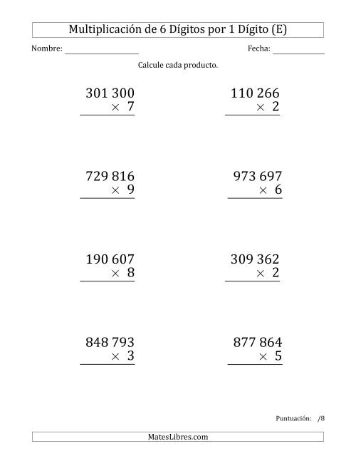 La hoja de ejercicios de Multiplicar Números de 6 Dígitos por 1 Dígito (Formato Grande) Usando Espacios como Separadores de Millares (E)