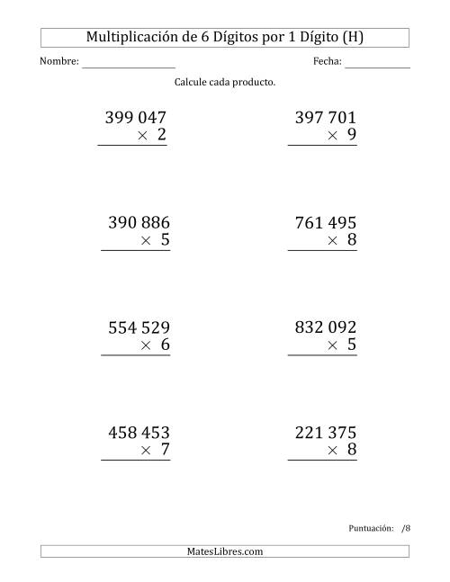La hoja de ejercicios de Multiplicar Números de 6 Dígitos por 1 Dígito (Formato Grande) Usando Espacios como Separadores de Millares (H)