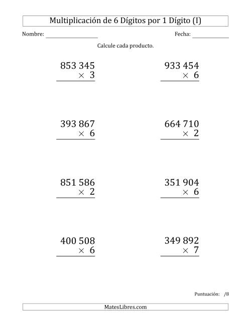 La hoja de ejercicios de Multiplicar Números de 6 Dígitos por 1 Dígito (Formato Grande) Usando Espacios como Separadores de Millares (I)