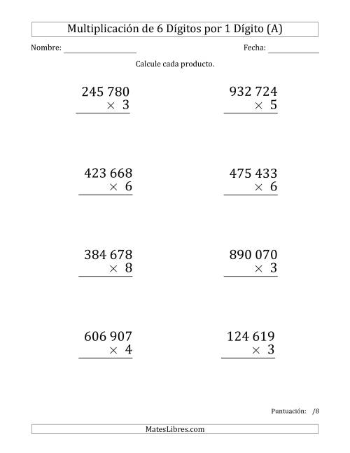 La hoja de ejercicios de Multiplicar Números de 6 Dígitos por 1 Dígito (Formato Grande) Usando Espacios como Separadores de Millares (Todas)