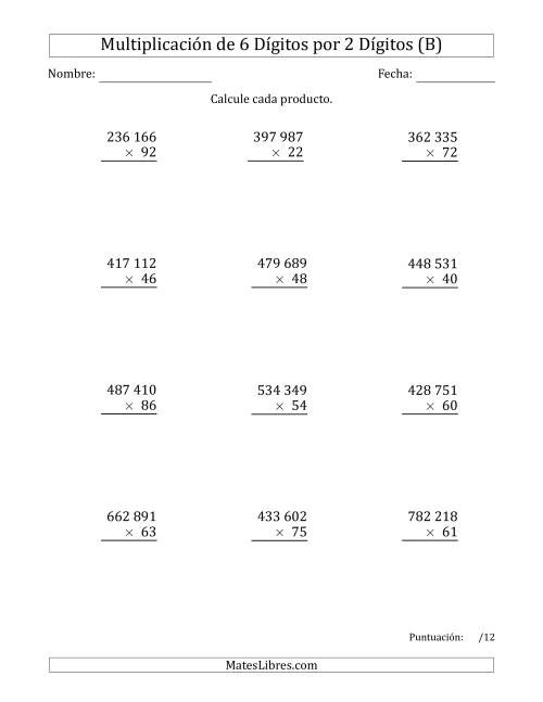 La hoja de ejercicios de Multiplicar Números de 6 Dígitos por 2 Dígitos Usando Espacios como Separadores de Millares (B)