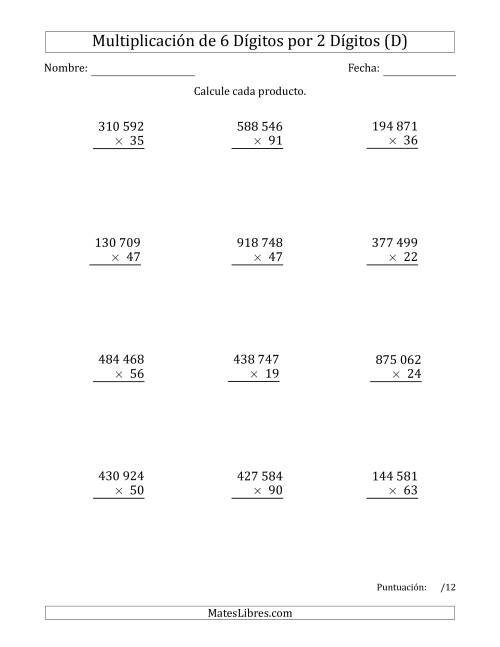 La hoja de ejercicios de Multiplicar Números de 6 Dígitos por 2 Dígitos Usando Espacios como Separadores de Millares (D)