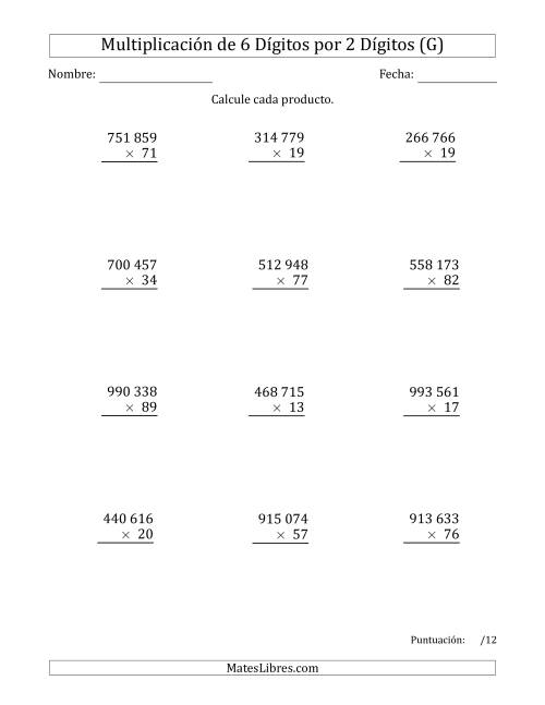 La hoja de ejercicios de Multiplicar Números de 6 Dígitos por 2 Dígitos Usando Espacios como Separadores de Millares (G)