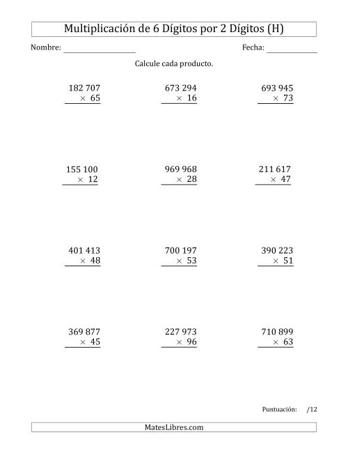 La hoja de ejercicios de Multiplicar Números de 6 Dígitos por 2 Dígitos Usando Espacios como Separadores de Millares (H)