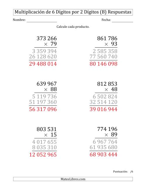 La hoja de ejercicios de Multiplicar Números de 6 Dígitos por 2 Dígitos (Formato Grande) Usando Espacios como Separadores de Millares (B) Página 2
