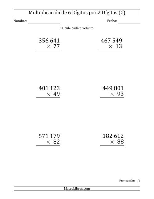 La hoja de ejercicios de Multiplicar Números de 6 Dígitos por 2 Dígitos (Formato Grande) Usando Espacios como Separadores de Millares (C)