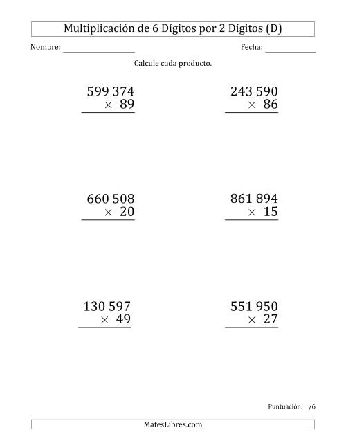 La hoja de ejercicios de Multiplicar Números de 6 Dígitos por 2 Dígitos (Formato Grande) Usando Espacios como Separadores de Millares (D)