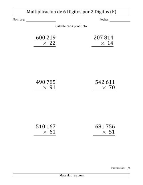 La hoja de ejercicios de Multiplicar Números de 6 Dígitos por 2 Dígitos (Formato Grande) Usando Espacios como Separadores de Millares (F)