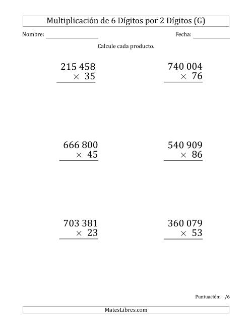 La hoja de ejercicios de Multiplicar Números de 6 Dígitos por 2 Dígitos (Formato Grande) Usando Espacios como Separadores de Millares (G)