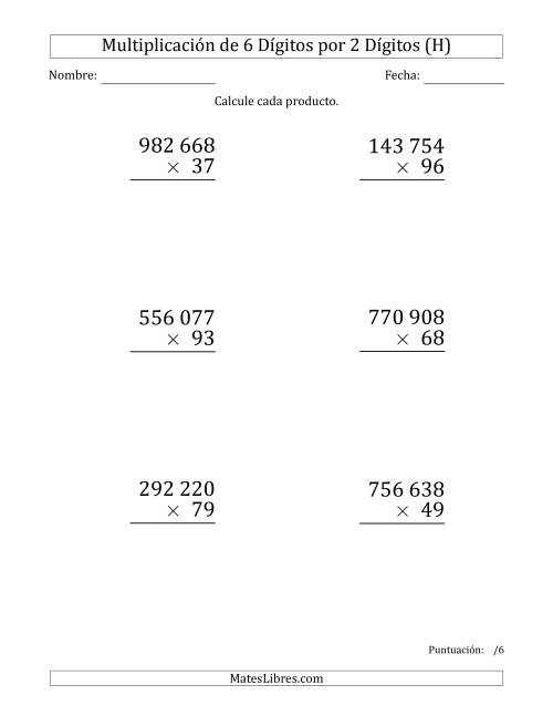 La hoja de ejercicios de Multiplicar Números de 6 Dígitos por 2 Dígitos (Formato Grande) Usando Espacios como Separadores de Millares (H)