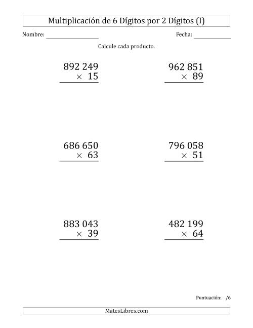 La hoja de ejercicios de Multiplicar Números de 6 Dígitos por 2 Dígitos (Formato Grande) Usando Espacios como Separadores de Millares (I)