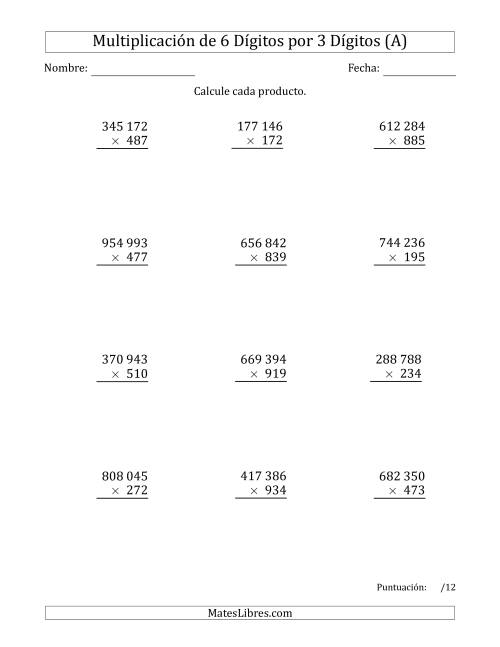 La hoja de ejercicios de Multiplicar Números de 6 Dígitos por 3 Dígitos Usando Espacios como Separadores de Millares (A)