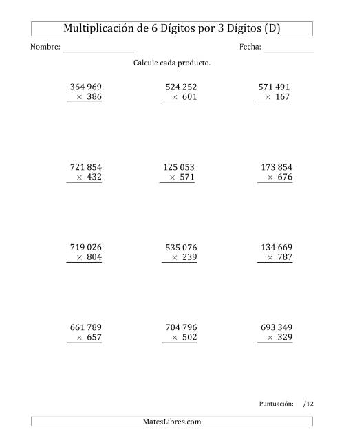 La hoja de ejercicios de Multiplicar Números de 6 Dígitos por 3 Dígitos Usando Espacios como Separadores de Millares (D)