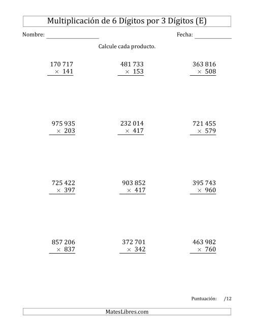 La hoja de ejercicios de Multiplicar Números de 6 Dígitos por 3 Dígitos Usando Espacios como Separadores de Millares (E)