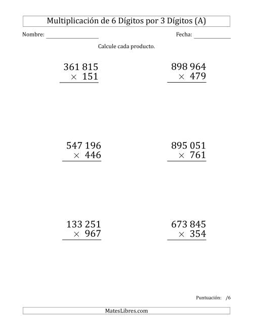La hoja de ejercicios de Multiplicar Números de 6 Dígitos por 3 Dígitos (Formato Grande) Usando Espacios como Separadores de Millares (A)