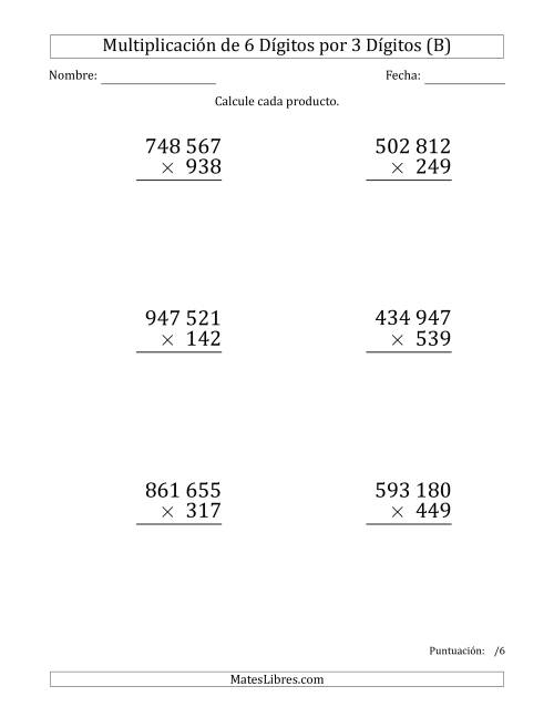 La hoja de ejercicios de Multiplicar Números de 6 Dígitos por 3 Dígitos (Formato Grande) Usando Espacios como Separadores de Millares (B)