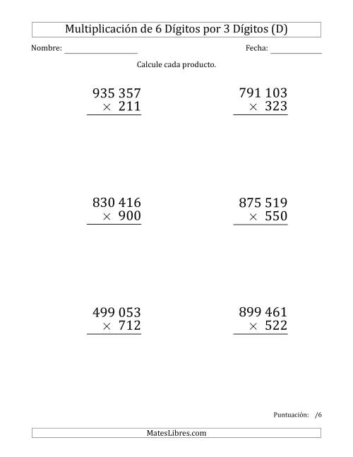 La hoja de ejercicios de Multiplicar Números de 6 Dígitos por 3 Dígitos (Formato Grande) Usando Espacios como Separadores de Millares (D)