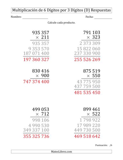 La hoja de ejercicios de Multiplicar Números de 6 Dígitos por 3 Dígitos (Formato Grande) Usando Espacios como Separadores de Millares (D) Página 2