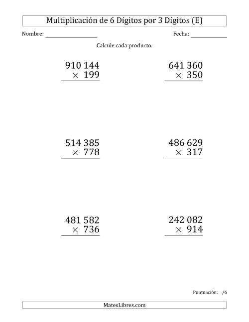 La hoja de ejercicios de Multiplicar Números de 6 Dígitos por 3 Dígitos (Formato Grande) Usando Espacios como Separadores de Millares (E)