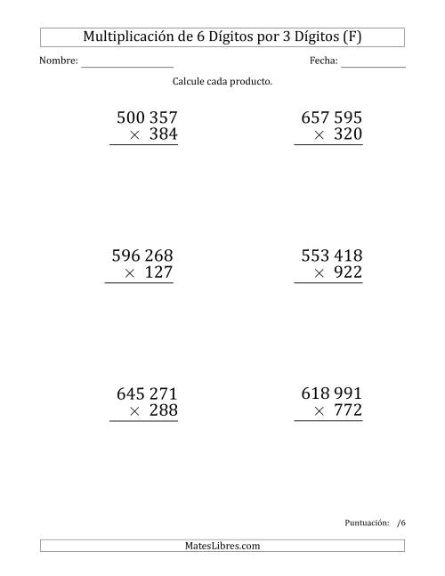 La hoja de ejercicios de Multiplicar Números de 6 Dígitos por 3 Dígitos (Formato Grande) Usando Espacios como Separadores de Millares (F)