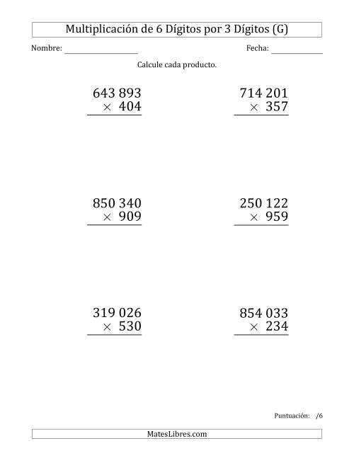 La hoja de ejercicios de Multiplicar Números de 6 Dígitos por 3 Dígitos (Formato Grande) Usando Espacios como Separadores de Millares (G)
