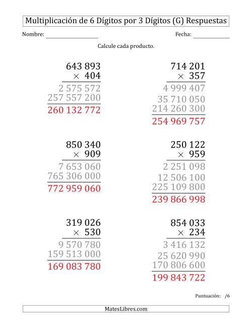 La hoja de ejercicios de Multiplicar Números de 6 Dígitos por 3 Dígitos (Formato Grande) Usando Espacios como Separadores de Millares (G) Página 2